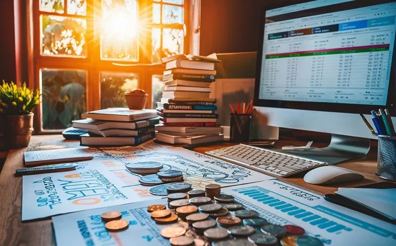 A focused financial planning workspace showing detailed spreadsheets and strategic asset allocation materials.