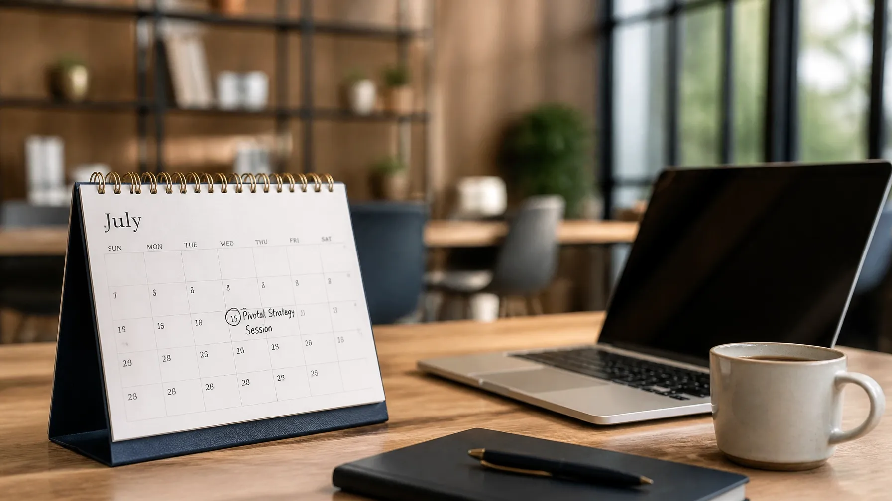 A professional desk calendar open to July with