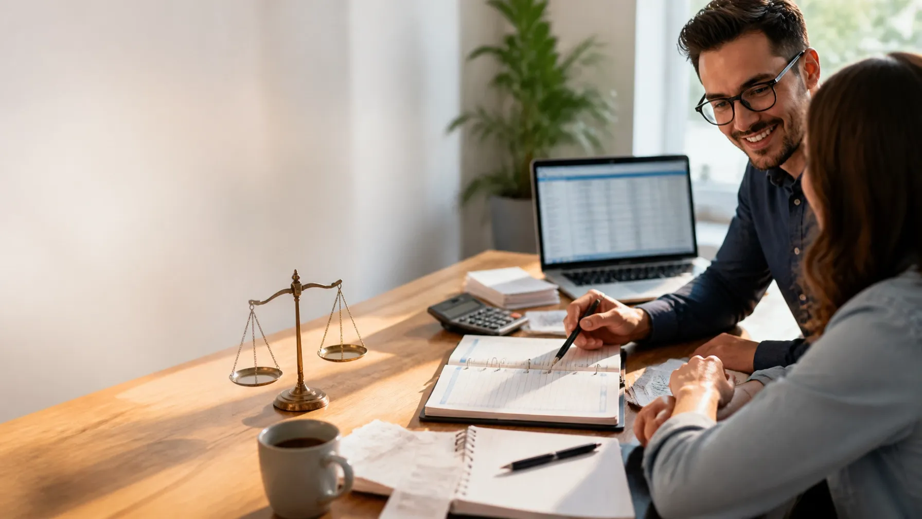 Small business owner and accounting advisor reviewing a double-entry accounting worksheet at a modern office desk