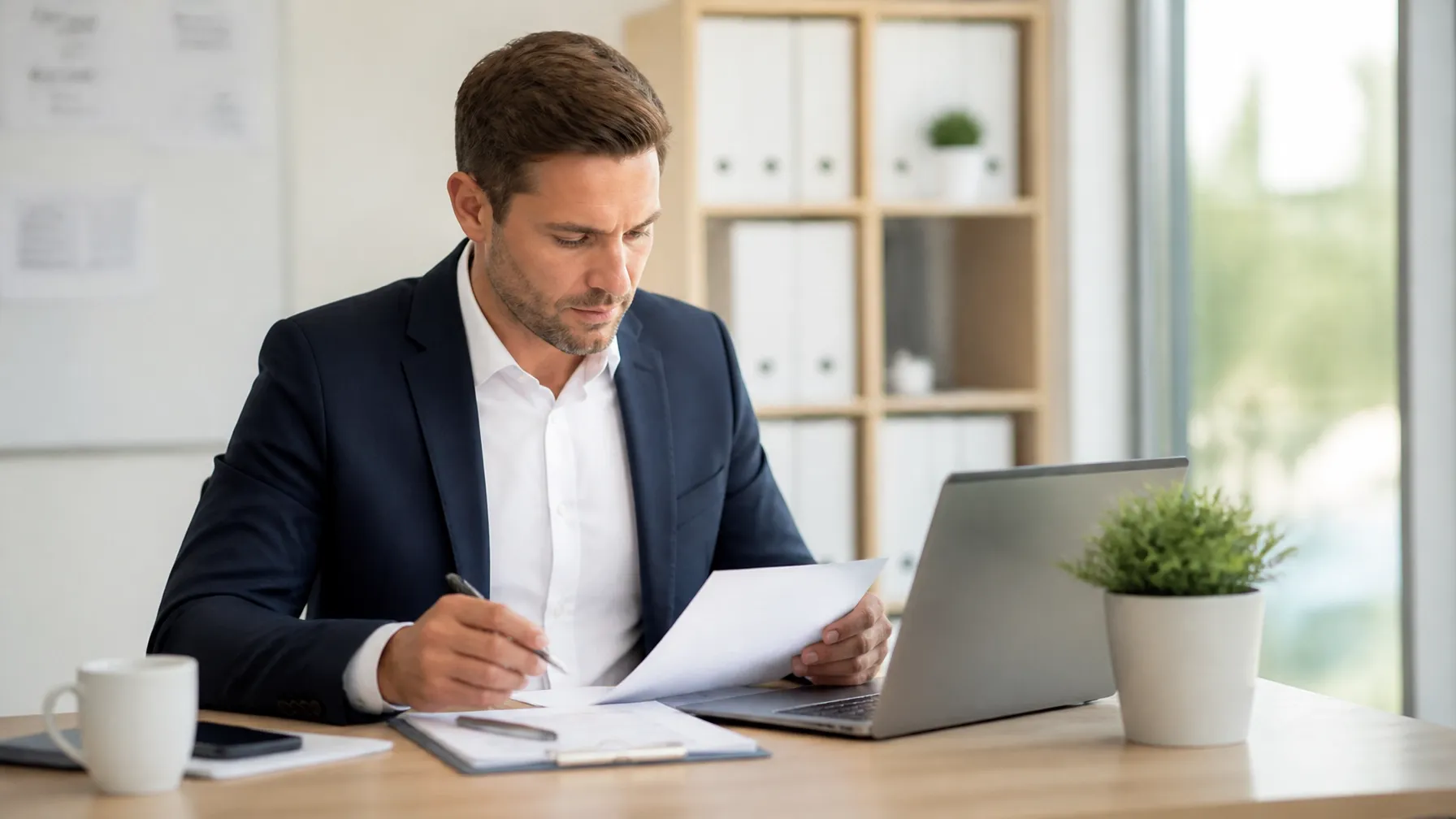 Professional small business owner reviewing financial health in a modern office